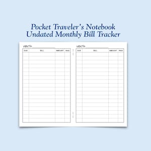 Printed UNDATED Pocket Size Bill Tracker Traveler's Notebook Insert