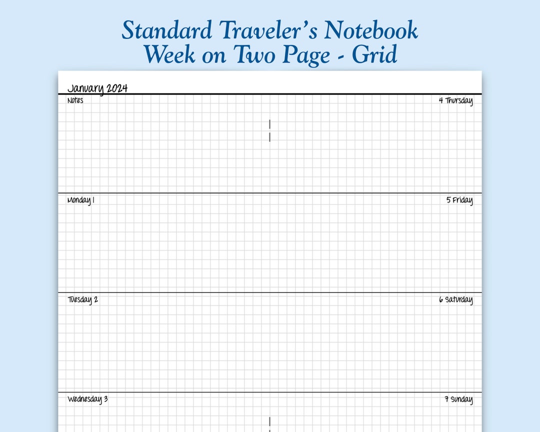Printed Standard Size Grid Week on Two Page Traveler's - Etsy