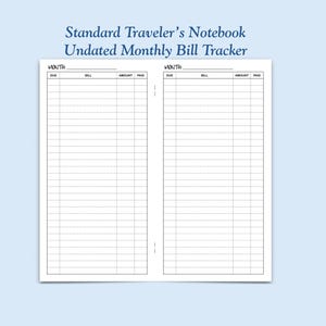 Printed UNDATED Standard Size Bill Tracker Traveler's Notebook Insert