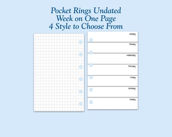 UNDATED Printed Pocket Size Week on One Page Ring Planner Inserts - Choose Grid or Dot Grid Note Page - 6 Month Supply