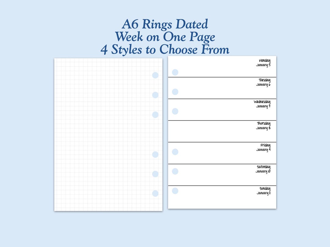 DATED Printed TRUE A6 Size Week on One Page Ring Planner Inserts ...