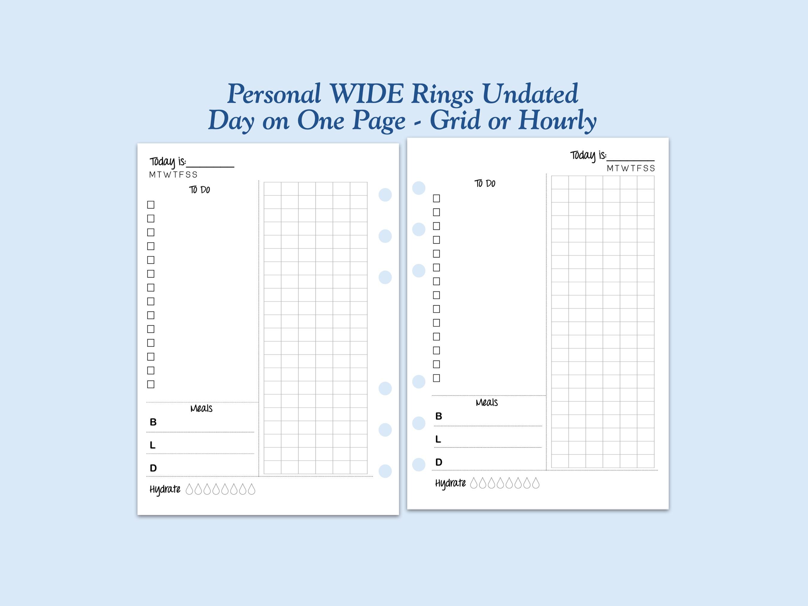 UNDATED Printed Personal WIDE Size Day on One Page Ring Planner Inserts ...