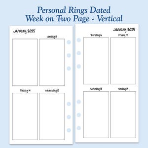 DATED Printed Personal Size Vertical Week On Two Page Ring Planner Inserts