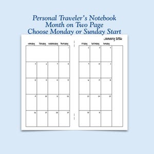 Printed Personal Size Month on Two Page Traveler's Notebook Insert - Choose Dated or Undated