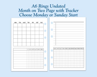 UNDATED Printed TRUE A6 Size Month On Two Page with Habit Tracker Ring Planner Inserts   ***Please read item description before purchase