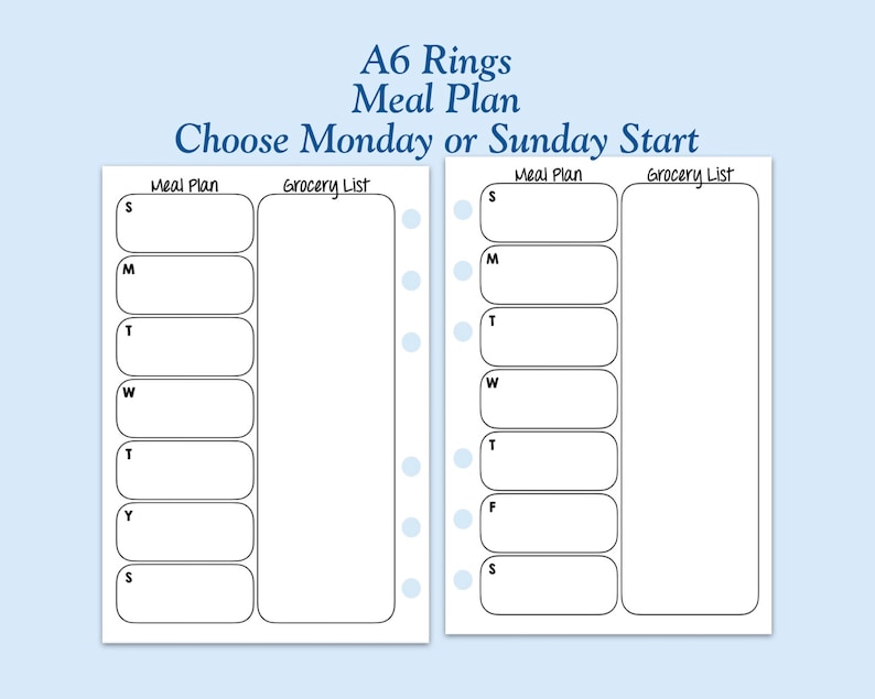 Printed TRUE A6 Size Meal Plan Ring Planner Inserts - Choose Monday or ...
