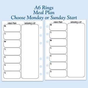 Printed TRUE A6 Size Meal Plan Ring Planner Inserts - Choose Monday or Sunday Start  ***Please read item description before purchase