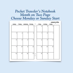 Printed Pocket Size Month On Two Page Traveler's Notebook Inserts - Choose Dated or Undated