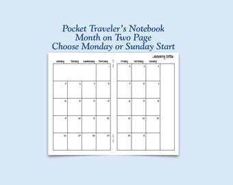 Printed Pocket Size Month On Two Page Traveler's Notebook Inserts - Choose Dated or Undated