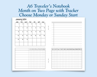 Printed A6 Size Month on Two Page with Habit Tracker Traveler's Notebook Insert - Choose Dated or Undated