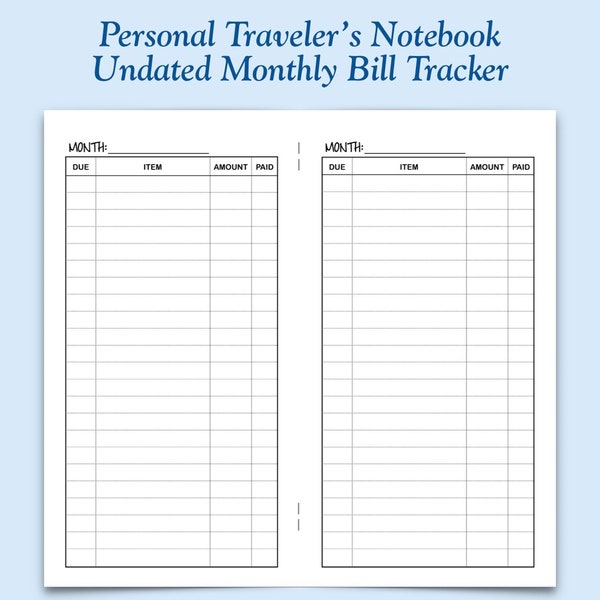 Printed UNDATED Personal Size Bill Tracker Traveler's Notebook Insert