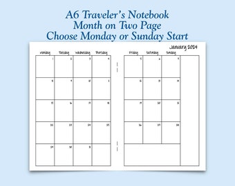 Printed A6 Size Month on Two Page Traveler's Notebook Insert - Choose Dated or Undated