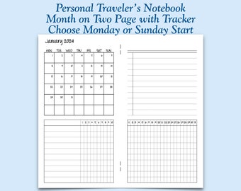 Printed Personal Size Month on Two Page with Habit Tracker Traveler's Notebook Insert - Choose Dated or Undated