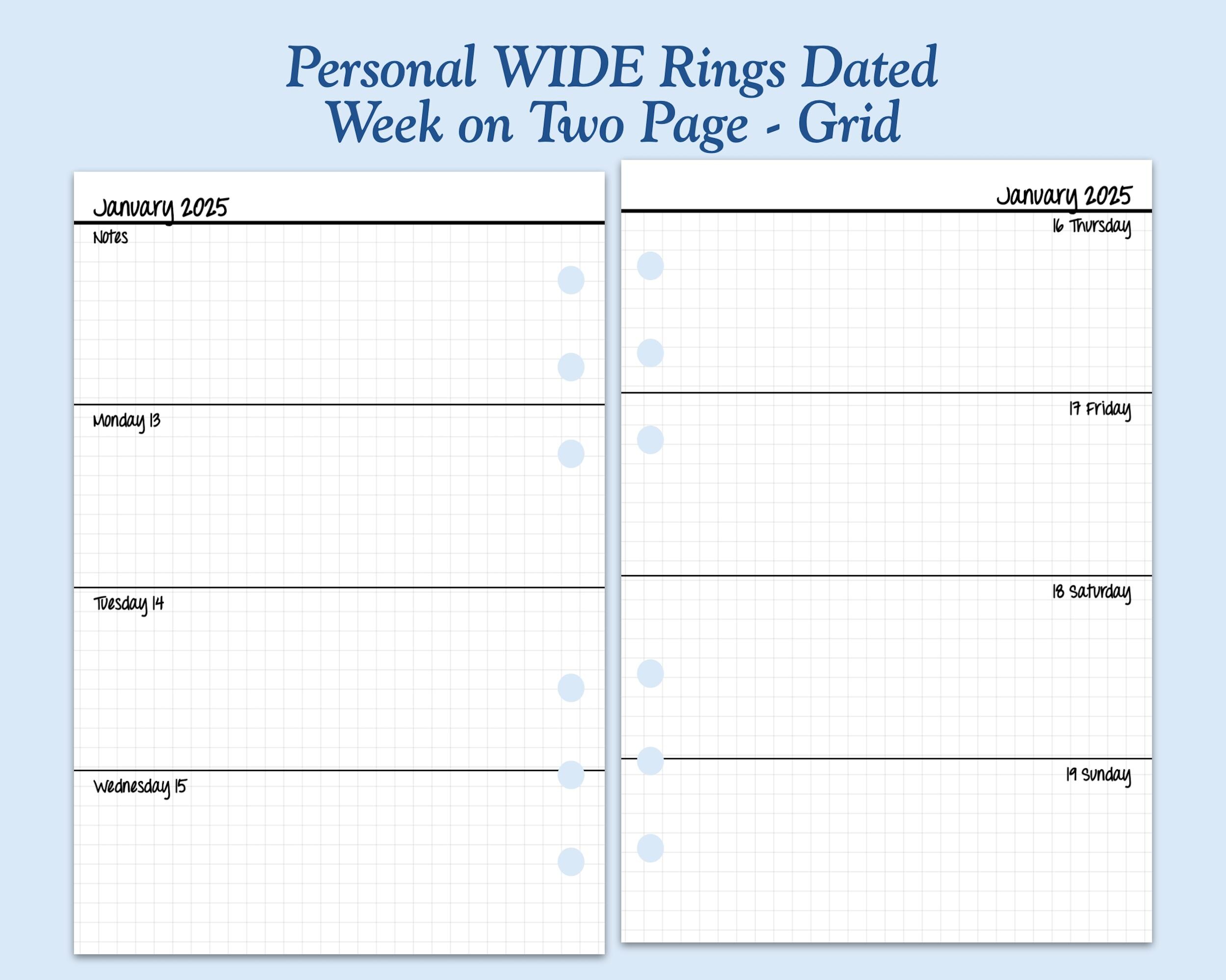 Weekdays Ring DATED Printed Personal WIDE Size Week on Two Page Ring Planner Inserts ...