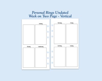 UNDATED Printed Personal Size Vertical Week on Two Page Ring Planner Inserts - 6 Month Supply