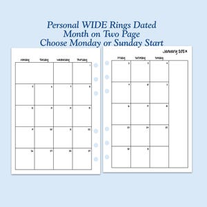 May include: A two-page monthly planner insert for a personal wide ring binder. The white paper features a black grid calendar layout with the text Personal WIDE Rings Dated Month on Two Page Choose Monday or Sunday Start and January 202x.