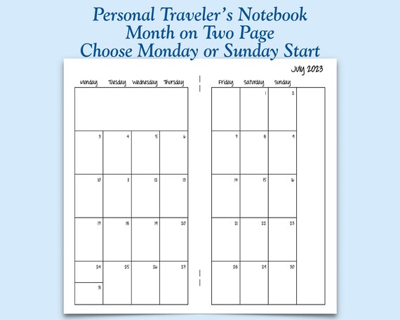 Printed Personal Size Month on Two Page Traveler's - Etsy