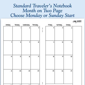 Printed Standard Size Month on Two Page Traveler&#39;s Notebook Insert - Choose Dated or Undated
