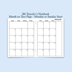 Printed B6 Size Month on Two Page Traveler's Notebook Insert - Choose Dated or Undated