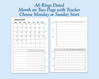 DATED Printed TRUE A6 Size Month On Two Page with Habit Tracker Ring Planner Inserts   ***Please read item description before purchase