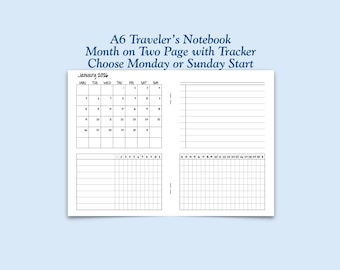 Printed A6 Size Monthly Tracker MO2P with Habit Tracker Traveler's Notebook Insert - Choose Dated or Undated