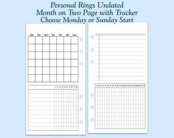 UNDATED Printed Personal Size Month On Two Page with Habit Tracker Ring Planner Inserts