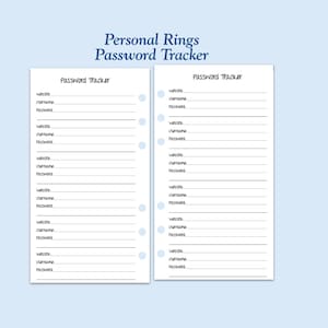 Anillos de seguimiento de contraseñas impresos de tamaño personal (inserciones para planificador)