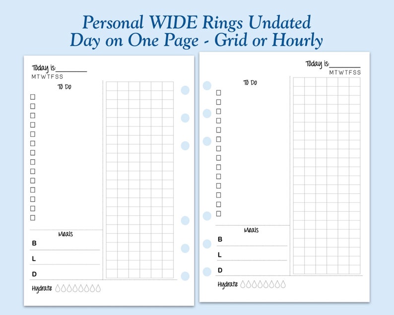 UNDATED Printed Personal WIDE Size Day On One Page Ring Planner Inserts Choose Grid or Hourly Schedule 31 Day Supply image 2