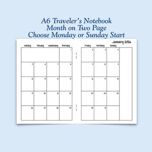 Printed A6 Size Month on Two Page Traveler's Notebook Insert - Choose Dated or Undated