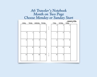 Printed A6 Size Month on Two Page Traveler's Notebook Insert - Choose Dated or Undated