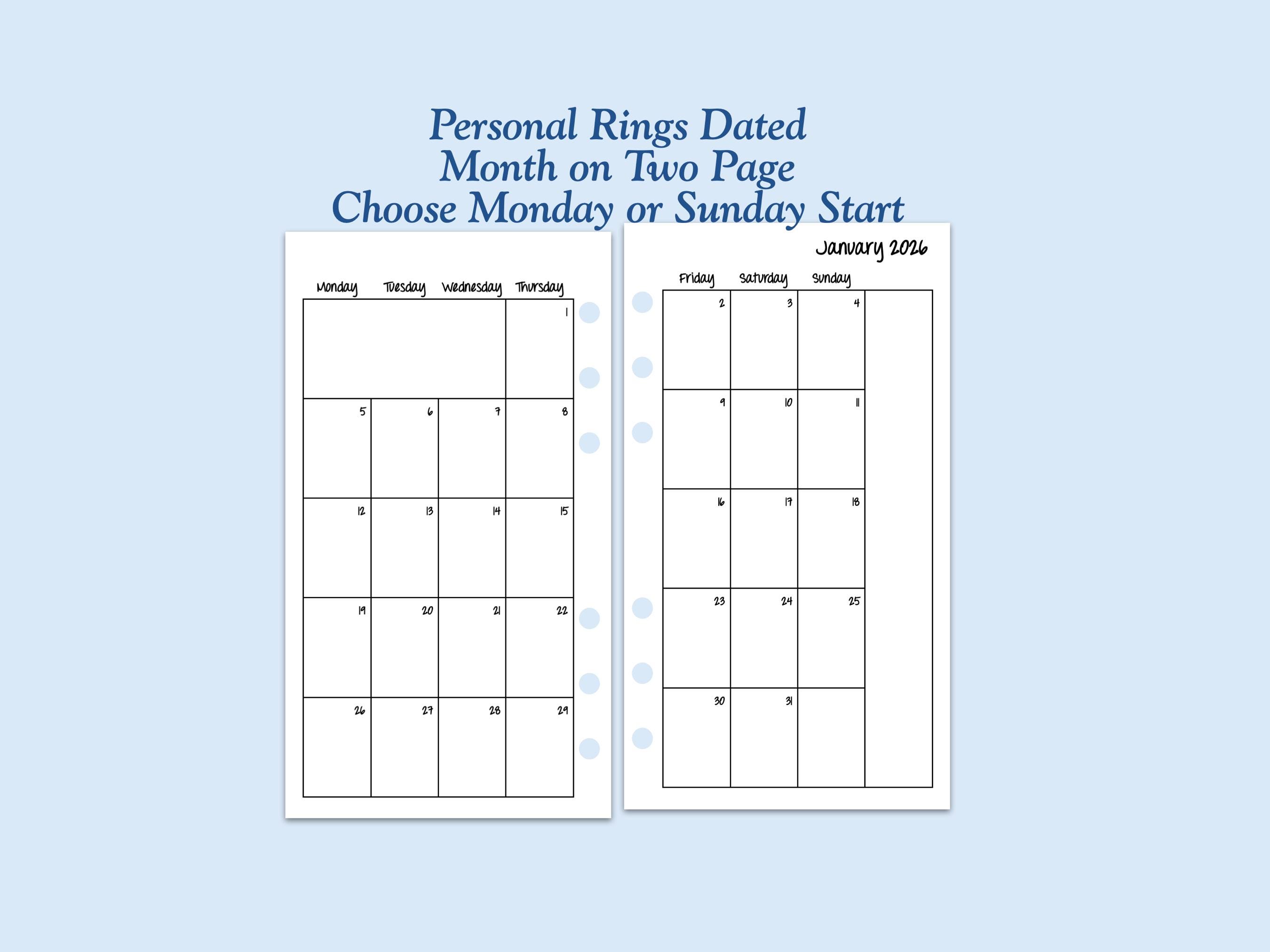 DATED Printed Personal Size Month on Two Page Ring Planner Inserts - Etsy