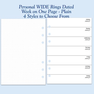 DATED Printed Personal WIDE Size Week on One Page Ring Planner Inserts