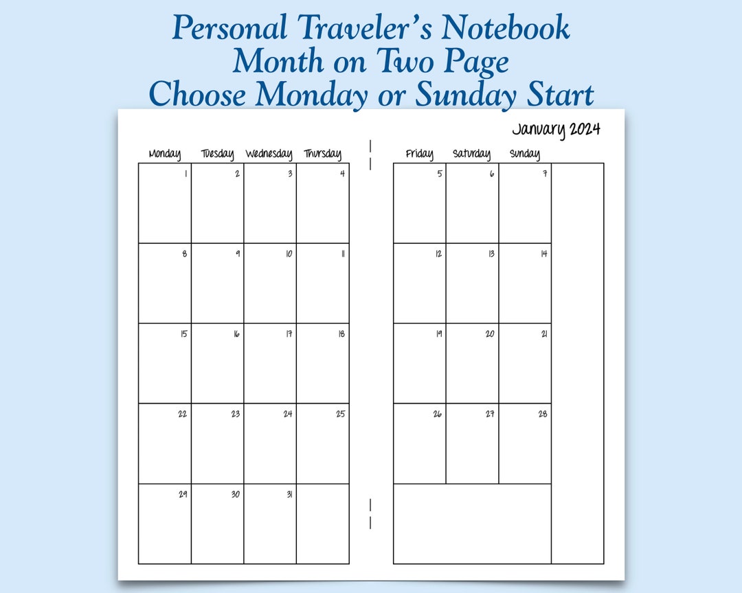 Printed Personal Size Month on Two Page Traveler's Notebook Insert ...