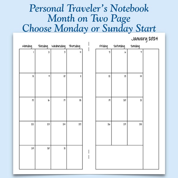 Printed Personal Size Month on Two Page Traveler's Notebook Insert - Choose Dated or Undated