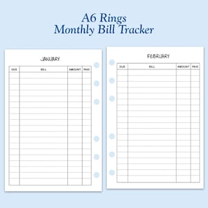 Printed TRUE A6 Size Bill Tracker Ring Planner Insert  ***Please read item description before purchase