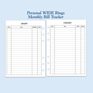 Printed Personal WIDE Size Bill Tracker Ring Planner Insert