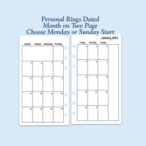 May include: Personal rings dated month on two page planner insert with Monday or Sunday start options. The white paper features a black grid calendar for January 202x with punch holes along the inner edges for binder ring insertion.