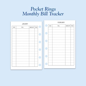 Könnte beinhalten: Ein druckbarer Rechnungs-Tracker für Januar und Februar. Der Tracker hat Spalten für Fälligkeit, Rechnungsname, Betrag und bezahlt. Der Tracker ist für die Verwendung mit einem Pocket-Ring-Binder konzipiert.