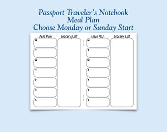May include: A printable planner page with a black and white design. The page is divided into two columns, each with a section labeled "Meal Plan" and "Grocery List". The meal plan section has spaces for each day of the week, Monday through Sunday. The page is titled "Passport Traveler's Notebook Meal Plan Choose Monday or Sunday Start".