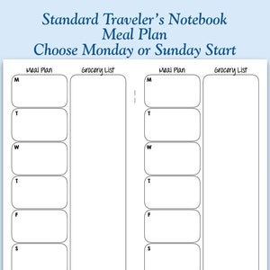Printed Standard Size Meal Plan Traveler&#39;s Notebook Insert