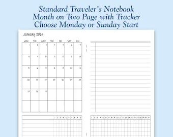 Printed Standard Size Month on Two Page with Habit Tracker Traveler's Notebook Insert - Choose Dated or Undated