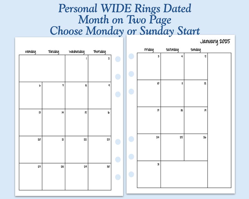 DATED Printed Personal WIDE Size Month on Two Page Ring Planner Inserts ...
