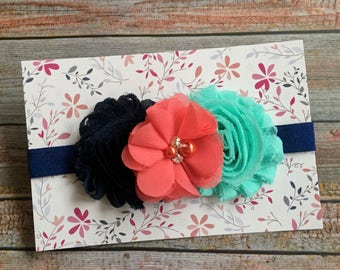 Infant Headband Coral Coral and Navy Headband Coral Headband Baby Headband Newborn Headband Navy Headband Navy and Aqua Headband
