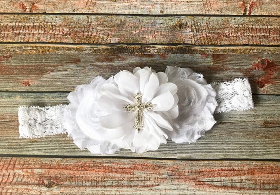 white christening headband