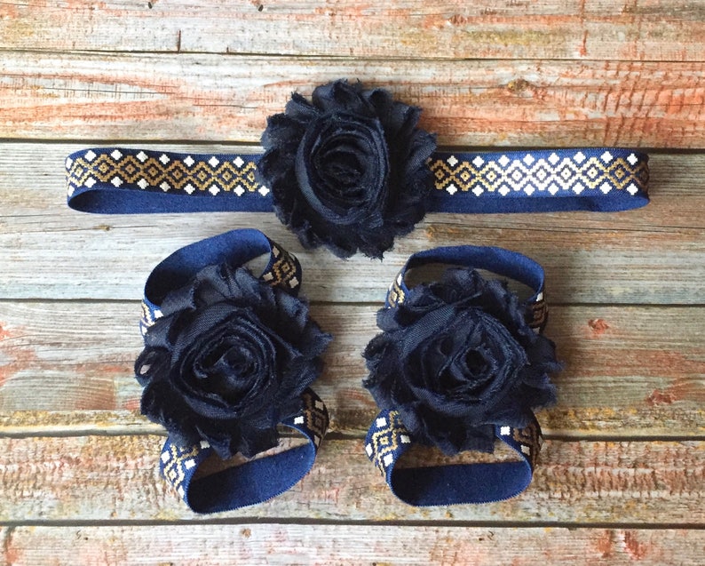Navy Blue Baby HeadbandNavy and Gold HeadbandBaby HeadbandNewborn HeadbandGirls HeadbandNavy HeadbandNavy and GoldBarefoot Sandal Set