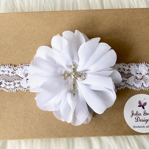 White Baptism Headband White Baptism Bow Christening Etsy