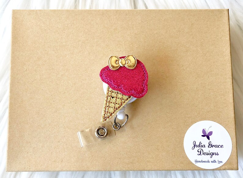 Retractable Badge Reel Nurse Badge Reel Glitter Badge Reel Badge Holder Hot Pink Ice Cream Cone Badge Reel Badge Clip RN Badge Reel