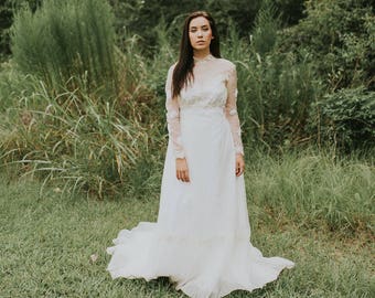 Beautiful Wedding Dress/ Bohemian bride/ Lace/ Unique/ Romantic/ Hand-restored/ Ivory Lace/ Long sleeve/ High neckline/ Sheer back