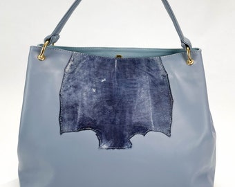 Over-sized hobo style bag for Women | Blue Leather  | Large bag | Cow Leather and lizard skin | Handmade in the USA