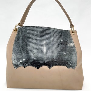 Over-sized hobo style bag for Women Taupe Leather Large bag Cow Leather and lizard skin Handmade in the USA image 1